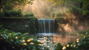 A waterfall in the middle of a forest photo