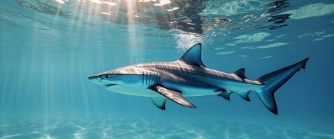 A shark swimming in the ocean with sunlight shining on it photo