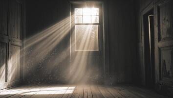 A room with sunlight streaming through a window photo