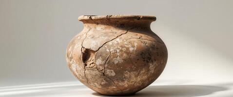 Ancient vase with cracked surface on white background photo