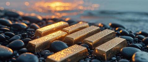 Gold bars on rocks with a sunset in the background photo