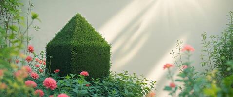 A small green topiary in a garden with flowers photo