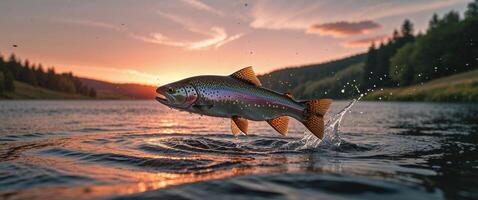 A rainbow trout is jumping out of the water at sunset photo
