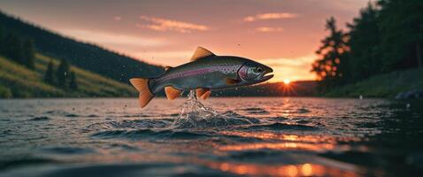 A rainbow trout is jumping out of the water at sunset photo