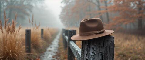 A hat sits on a fence post in the fog photo