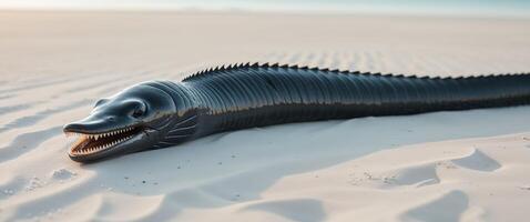 A large worm with its mouth open on the sand photo
