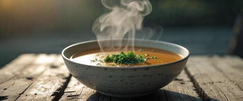 A bowl of soup with steam rising from it photo