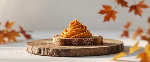 A piece of bread with a pumpkin butter on top photo