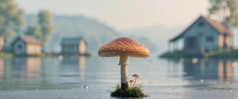 A mushroom is standing on the shore of a lake photo