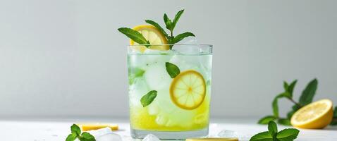 A glass of lemonade with mint leaves and lemon slices photo