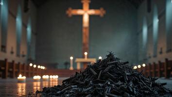 A pile of wood in front of a cross photo