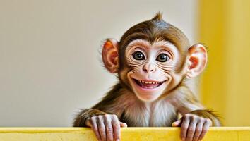 A monkey is smiling and looking over a yellow wall photo