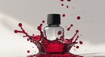 A bottle of red liquid splashing on a white surface photo