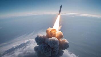 A rocket is taking off into the sky photo
