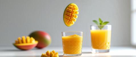 Mango juice and mango slices on a table photo