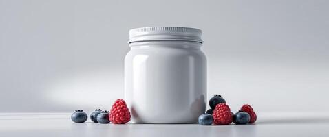 A white bottle with berries and a blueberry photo