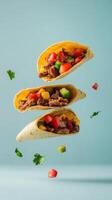 Floating tortillas filled with flavorful ingredients create a vibrant culinary display photo