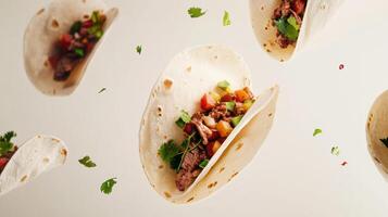 Tacos filled with beef and fresh ingredients floating in mid-air against a clean background photo