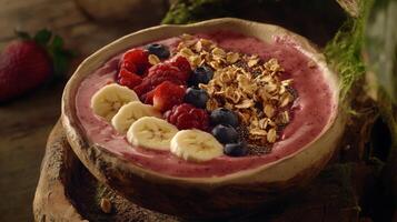 Healthy breakfast bowl featuring strawberries, blueberries, raspberries, bananas, and granola for a nutritious start to the day photo