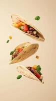 Levitating tortillas filled with fresh ingredients create a dynamic culinary display in a minimalist setting photo