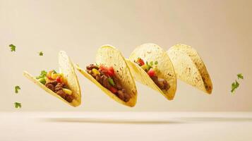 Levitating tortillas with colorful fillings suspended in mid-air against a neutral background photo