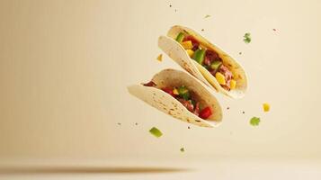 Levitating tortillas filled with colorful vegetables and seasoned meat create a dynamic culinary display in a modern setting photo