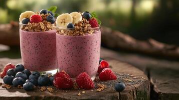 Delightful berry smoothie bowls with granola, bananas, and fresh fruits on rustic wooden background in natural light photo