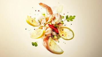 Levitating Peruvian ceviche with shrimp, lime, and fresh herbs in vibrant composition above a neutral background photo
