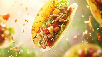 Levitating tortillas filled with vibrant ingredients curiously floating in a warm sunlit environment photo