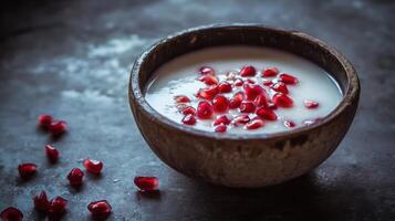 Creamy coconut milk served in a rustic bowl topped with fresh pomegranate seeds on a textured surface photo