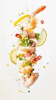 Levitating Peruvian ceviche with shrimp, herbs, citrus, and spices captured in a minimalist setting photo