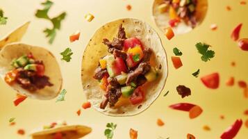 Levitation of tortillas filled with fresh ingredients creating a dynamic culinary display in a bright setting photo