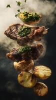 Grilled steak topped with chimichurri sauce alongside roasted potatoes in a smoky setting photo