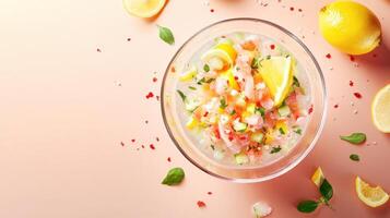 Fresh ceviche prepared with seafood, lemon, and vegetables on a pastel background for a vibrant dining experience photo