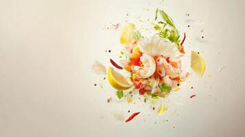Fresh ceviche prepared with seafood, lemon, and herbs on a light background, showcasing vibrant colors and textures photo