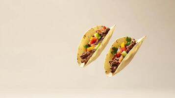 Savoring delicious Mexican tacos filled with seasoned beef and fresh vegetables in a minimalist setting photo