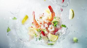 Fresh ceviche featuring succulent seafood, lime, and vibrant herbs in a refreshing splash photo