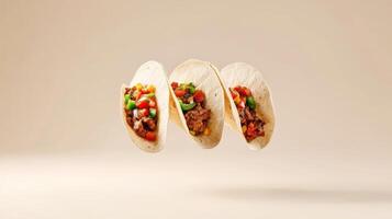 Delicious tacos filled with savory Mexican beef and fresh vegetables on a light background photo