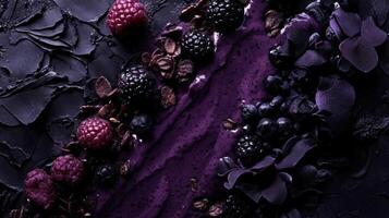 Striking monochrome composition featuring acai with various berries on a textured surface photo