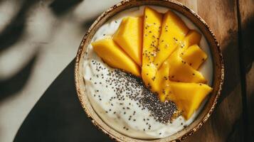 Delicious yogurt bowl topped with fresh mango slices and chia seeds for a healthy breakfast option photo