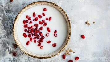 Delicious coconut milk topped with fresh pomegranate seeds in a rustic bowl on a textured surface photo