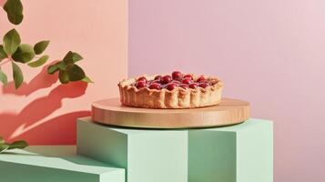 Delicious pie with almond topping and red fruit garnished on a wooden serving board against pastel-colored backdrop photo