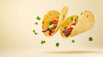 Delicious Mexican tacos filled with seasoned beef, fresh vegetables, and herbs for a tasty meal experience photo
