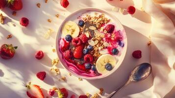 Delightful artistic flat lay of a colorful smoothie bowl with fresh fruits and granola photo