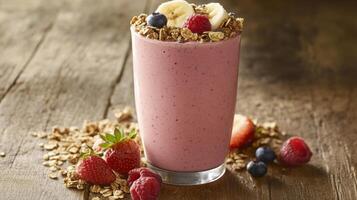 Smoothie glass filled with mixed berry goodness and topped with fresh fruits on a rustic wooden surface photo