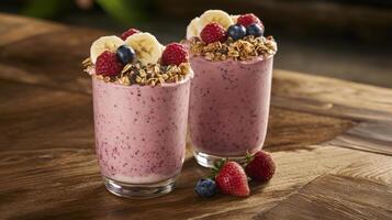 Delicious smoothies topped with granola and fresh fruit displayed on a rustic wooden table photo
