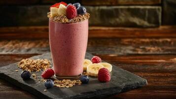 Deliciously crafted smoothie with fresh fruit and granola in an asymmetrical setting on a rustic surface photo