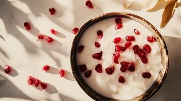 Delicious bowl of yogurt with pomegranate seeds beautifully arranged on a textured surface in natural light photo