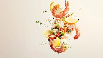 Levitating composition of colorful Peruvian ceviche with shrimp and fresh ingredients photo