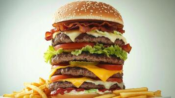 Towering mega hamburger stacked with layers of fresh ingredients and crispy bacon presented with golden fries photo